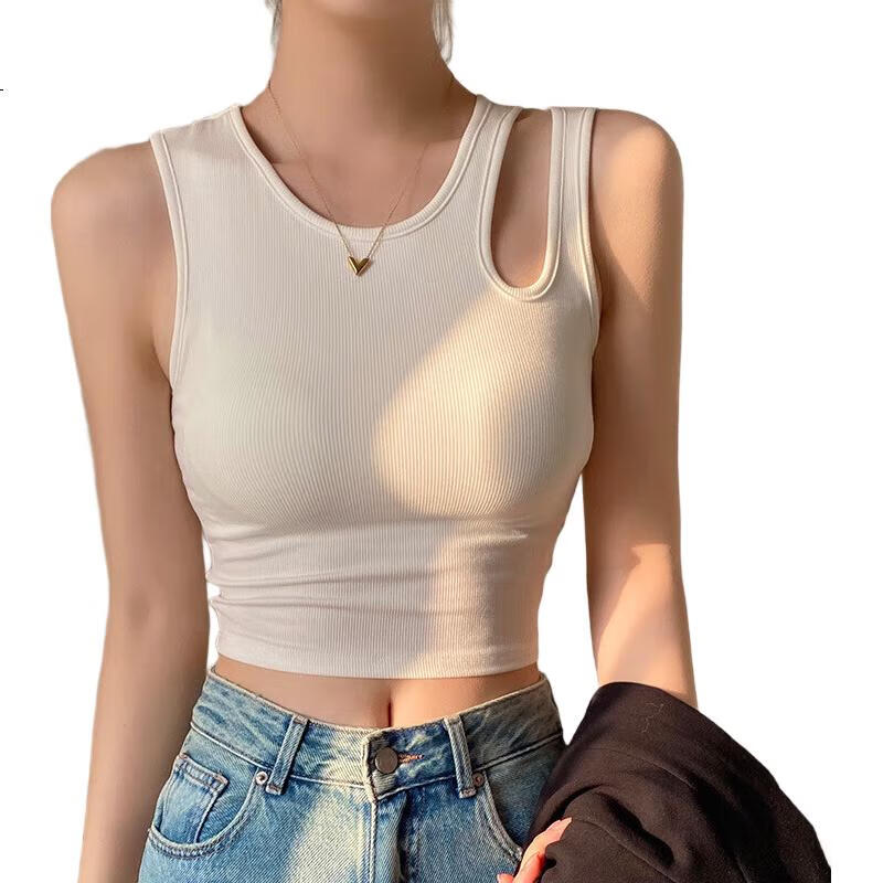 GUJIN Hollow-Out Camisole for Women, Summer Short Style with Chest Pads, Inner Wear Undershirt Top, White, M, 90-115 Ji