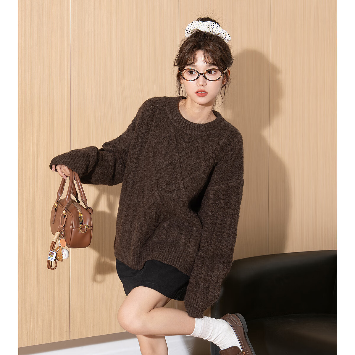TonLion 2025 Autumn Winter Women's Crew Neck Solid Color Cable Knit Sweater