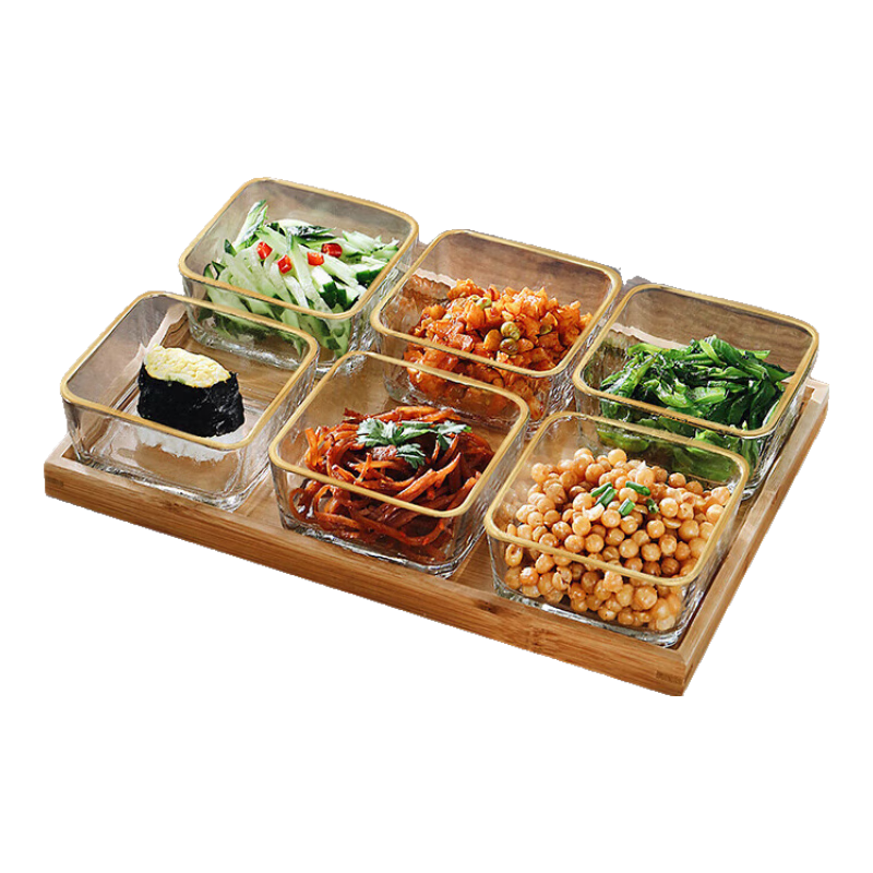 CRISTALGLASS Sectioned Dipping Sauce Dish Snack Platter Home Use Dish Hot Pot Sauce Dish Seasoning Dish Oil and Vinegar Dish with Tray Gold Rim Glass Bowls 6pcs + Six-Compartment Bamboo Tray