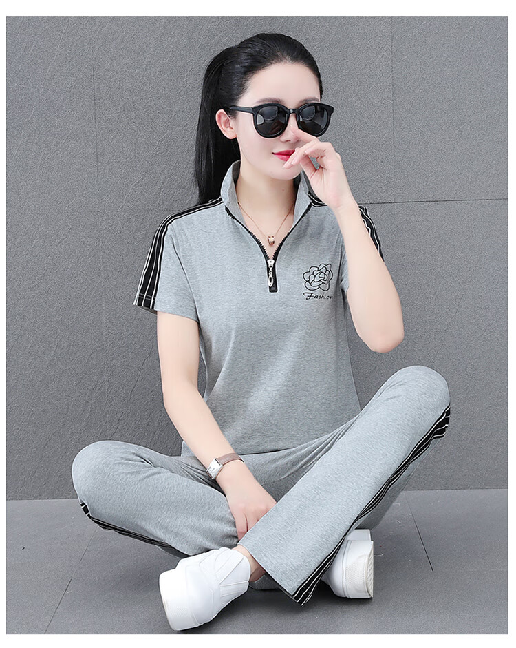 Woodpecker Zipper Sportswear Set for Women Summer Thin Cotton Middle-aged Fashion Casual Stand Collar Two-piece Khaki 2XL 25