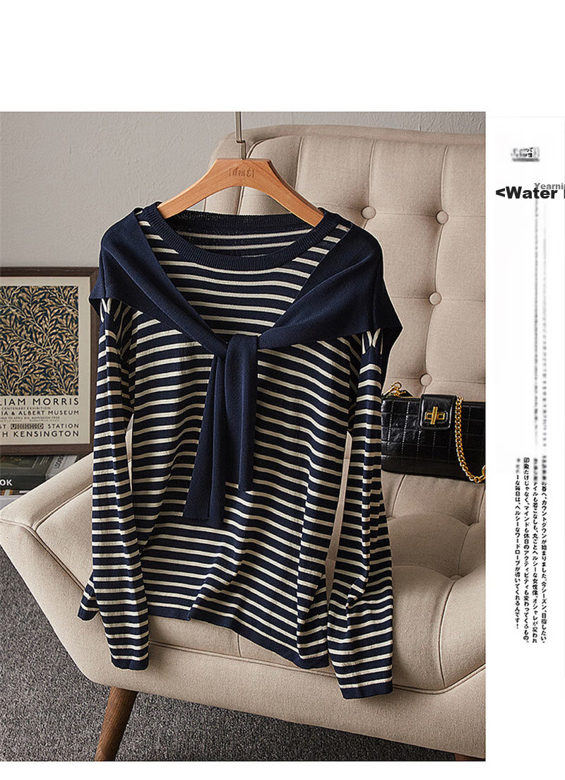 Dme [French Knit Sweater] Spring And Autumn Round Neck Double Curved Striped Contrasting Color Women's Knit Sweater, Off-White, XL 9