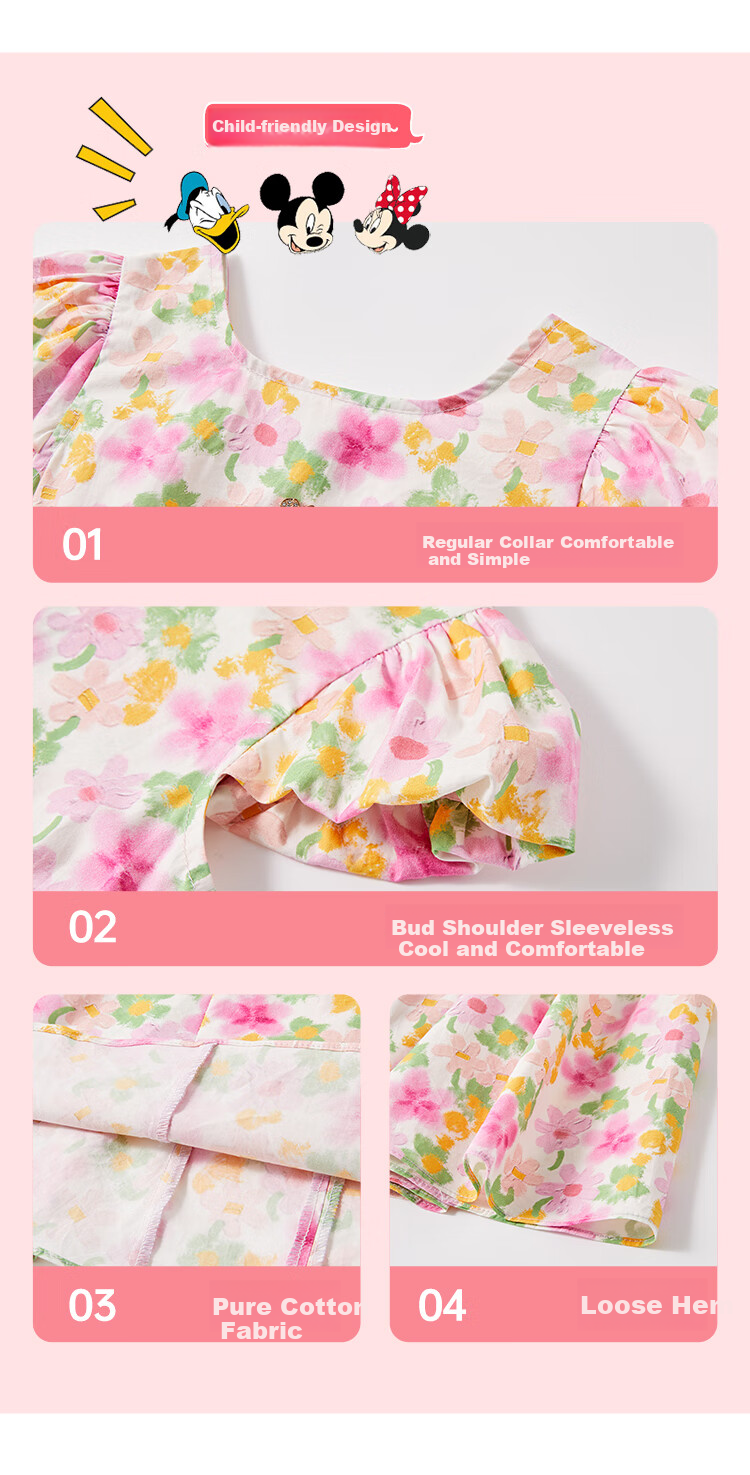 Disney Girls' Dress, 100% Pure Cotton, Summer 2026 New Style, Trendy Floral Print, Sweet Princess Dress for Girls, Children's Clothing 2