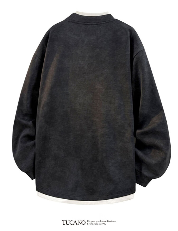 TUCANO Men's Sweatshirt Spring Autumn Long Sleeve Loose Fit Crew Neck Two-in-One American Vintage Jacket Black 3XL 4