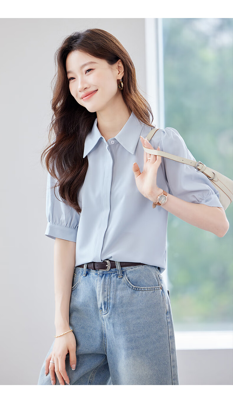 Jeanswest Women's Shirt 2026 Summer Short Sleeve Casual Elegant Versatile Fashion Solid Color Top Blue S 13
