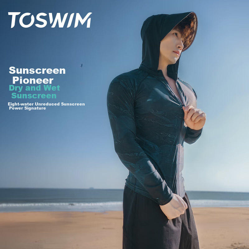 TOSWIM Men's Swimwear Surfing Suit Long Sleeve Sun Protection Quick-Dry Hooded Single Top, Glossy Water Film M