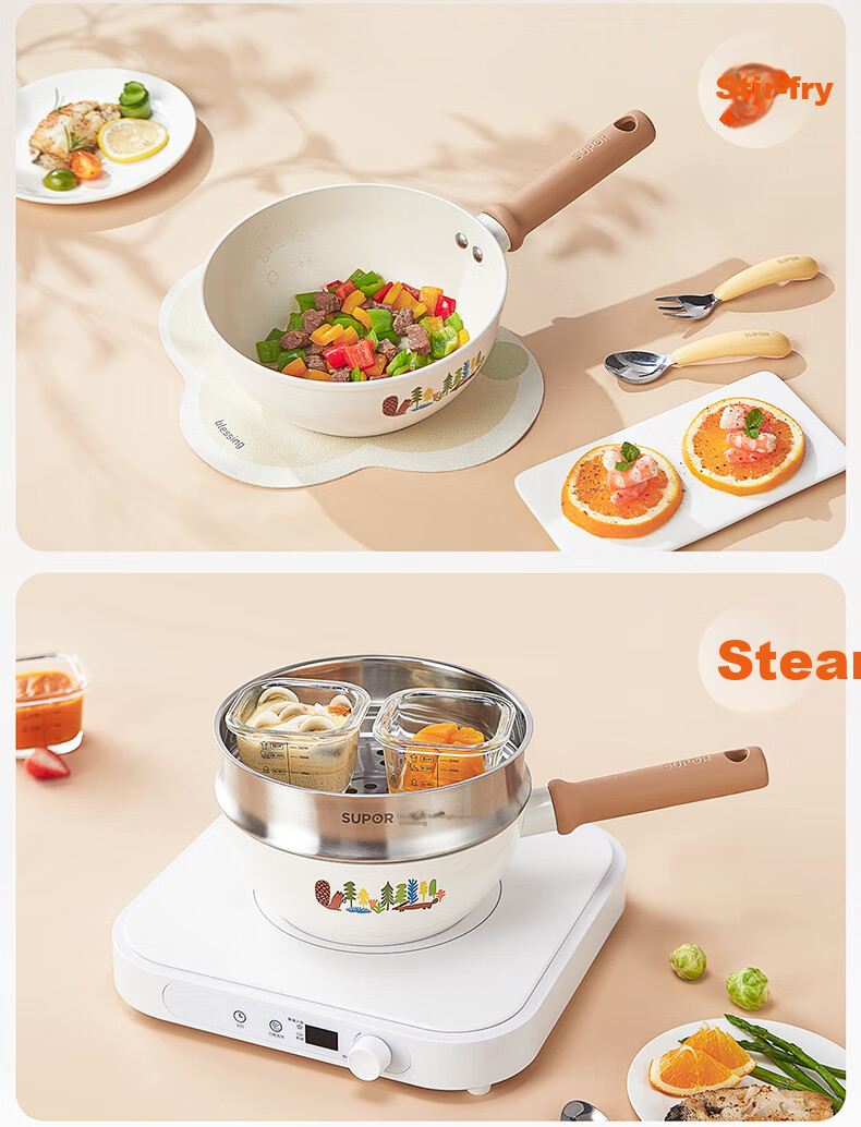 SUPOR Non-Stick Milk Pot, Flat Bottom Baby Food Pot, Noodle Soup Pot, Hot Milk And Instant Noodle Ceramic Pot, Compatible with Induction And Gas Stoves, 18cm 11