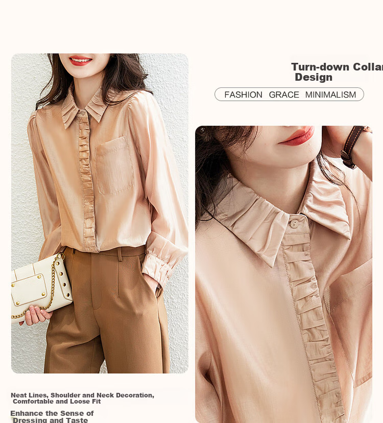 Dme [Smooth And Silky] Spring And Autumn Commute Light Luxury Tencel Shirt, Lapel Design, Pleated Long-Sleeve Blouse for Women Top 5