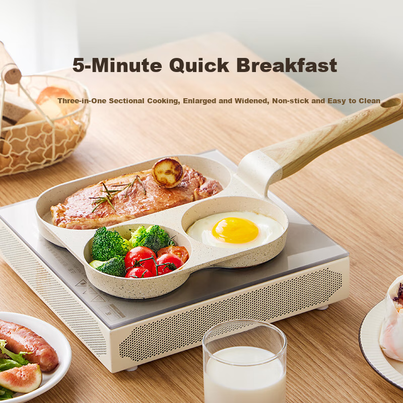 SUPOR Breakfast Pan, Frying Pan, Household Flat Bottom Pan, Breakfast Plate, Pancake Griddle, Square Steak Pan, Three-Hole Maifanshi Color NJ05LA3