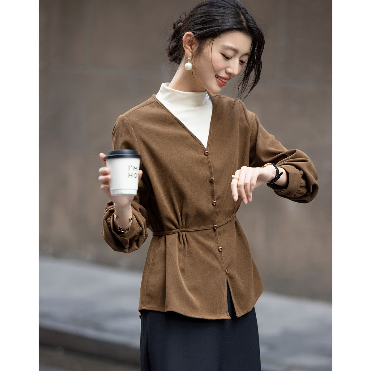 Demana [Smart Sense Women] Winter Luxury Stand Collar Warm Brushed Shirt Pleated Color-Block Belted Blouse for Women