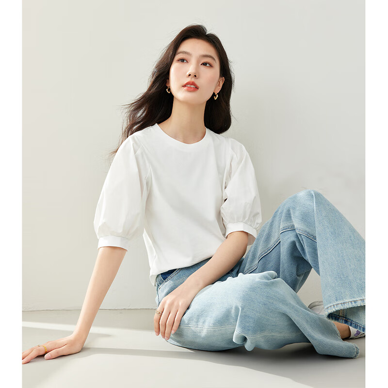 Vimly Elegant Commuter Lantern Sleeve Cotton T-Shirt for Women, New Summer 2026 Loose Short-Sleeve Distinctive Top