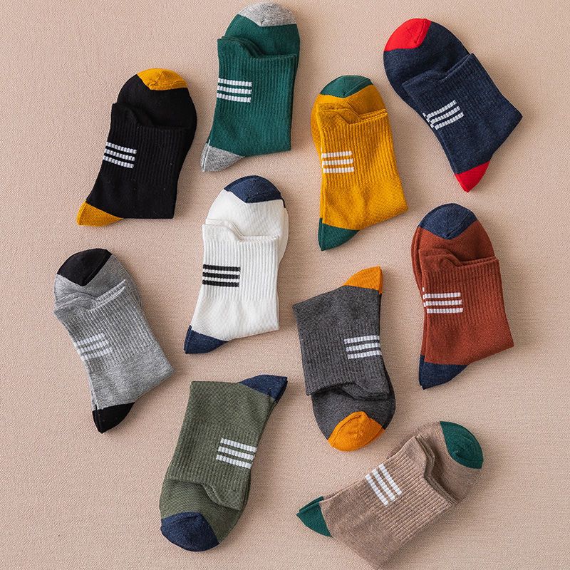Yimian Men's Mid-Calf Socks, 100% Pure Cotton, Antibacterial, Odor-Resistant, Tapered Leg, Contrasting Colors, Trendy Sports Style Long Socks, Autumn And Winter, 6 Pairs, Tt
