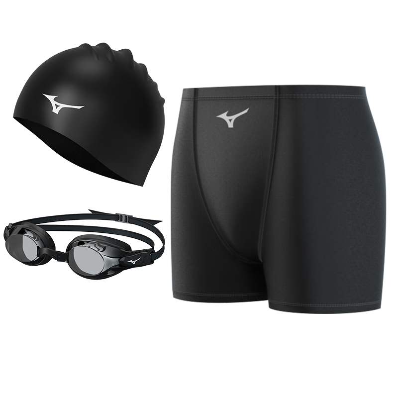 MIZUNO Men's Swim Trunks, Quick-Drying Boxer Shorts, Hot Spring Wear, Large Size, Anti-Embarrassment, for Nearsighted People, Swimming Goggles, Hat, Three-Piece Set, 11234502XL