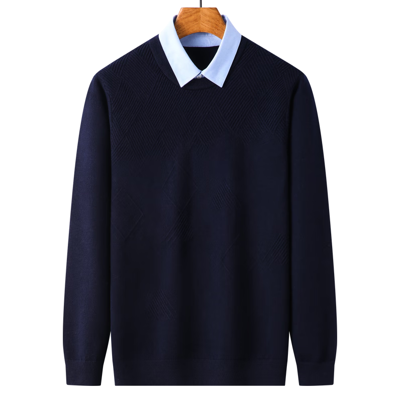ROMON Men's Faux Two-Piece Sweater Long Sleeve Knitwear Autumn Winter Business Casual Base Shirt