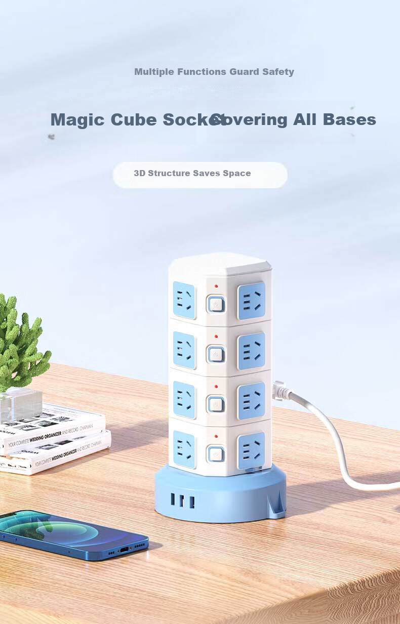 Kyfen Vertical Cube Power Strip, Overload Protection, 16 Outlets with Five Holes, 3 USB Ports, 1.8 Meters Long, Overload-Resistant, Flame-Retardant, Space-Saving Desig 1