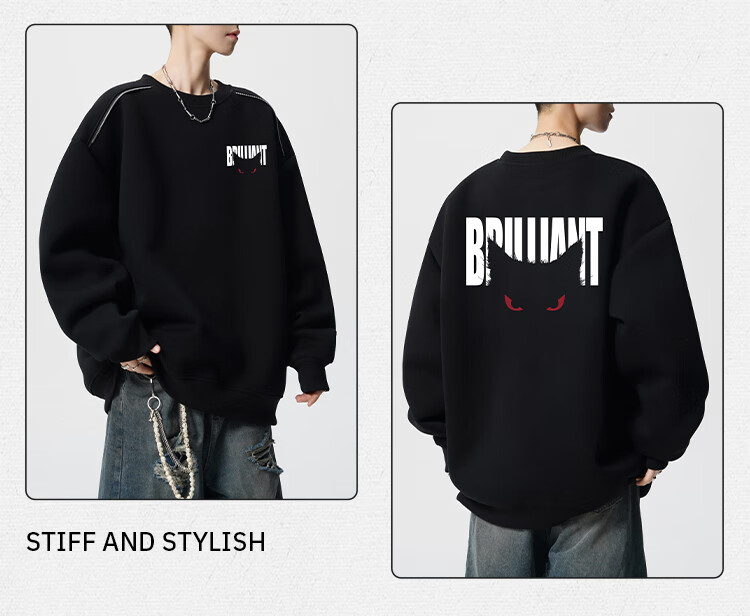 Homlean Heavyweight American Style Crewneck Sweatshirt Men Autumn Winter Letter Print Long Sleeve T-Shirt HB66 Black 3XL 3