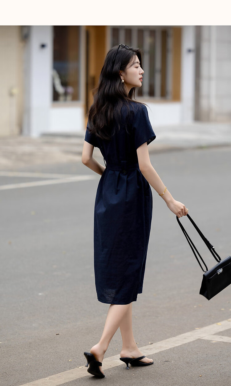 Dme [Smooth Linen Cotton Bamboo Blend] Summer Elegant Office Wear Lapel Tie Three-Button Short-Sleeve Women's Dress 7