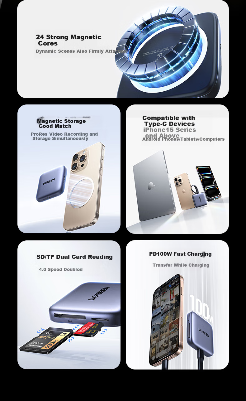 UGREEN Magnetic SD/TF Card Reader 4.0 Dual Card Type-C Phone 312MB/s Memory Expansion Compatible with Apple 17/16/Laptops/iPads/Cameras 3