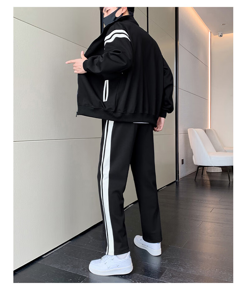 PLAYBOY Men's Casual Loose Outdoor Sports Running Two-Piece Set, Stand-Up Collar Long-Sleeve Menswear, Apricot Color, XL 15