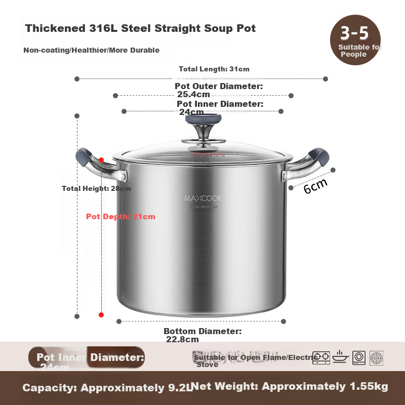 MAXCOOK Soup Pot, 316L Stainless Steel, Double Bottom Stock Pot 24cm, Compatible with Gas And Induction Stoves, MCT9873