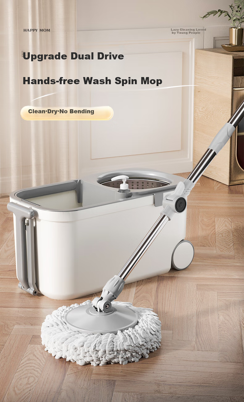 Happy Mom Rotating Mop with 2 Heads, Household All-In No Hand Washing Required, 2025 New Lazy Person's Tool Mop with Bucket And Wheels 1