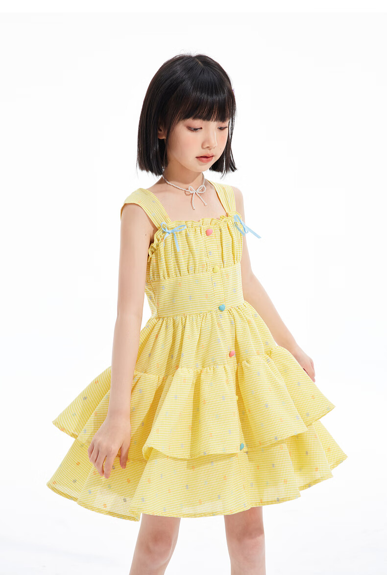 Zhimu Girls' Dress, for Older Children, Sweet Spaghetti Strap Princess Dress, Children's Dress, Cream Yellow, Size 160 7