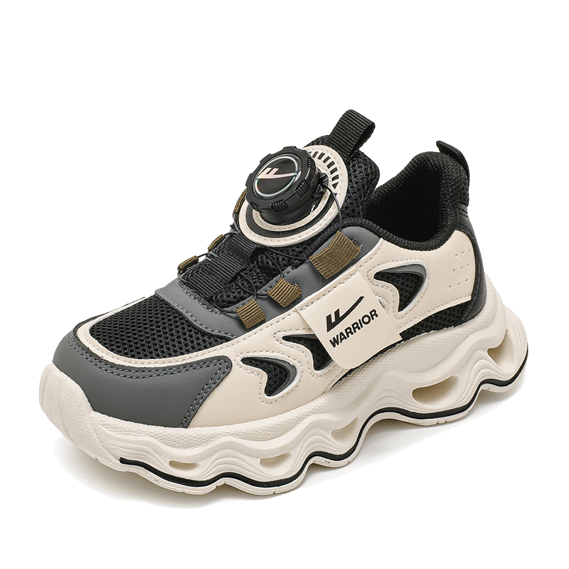 Warrior Children's Shoes, Boys' Sports Shoes, Spring And Autumn Style, Breathable Mesh Running Shoes, WZ(CL)-1330, Black/beige, Size 32
