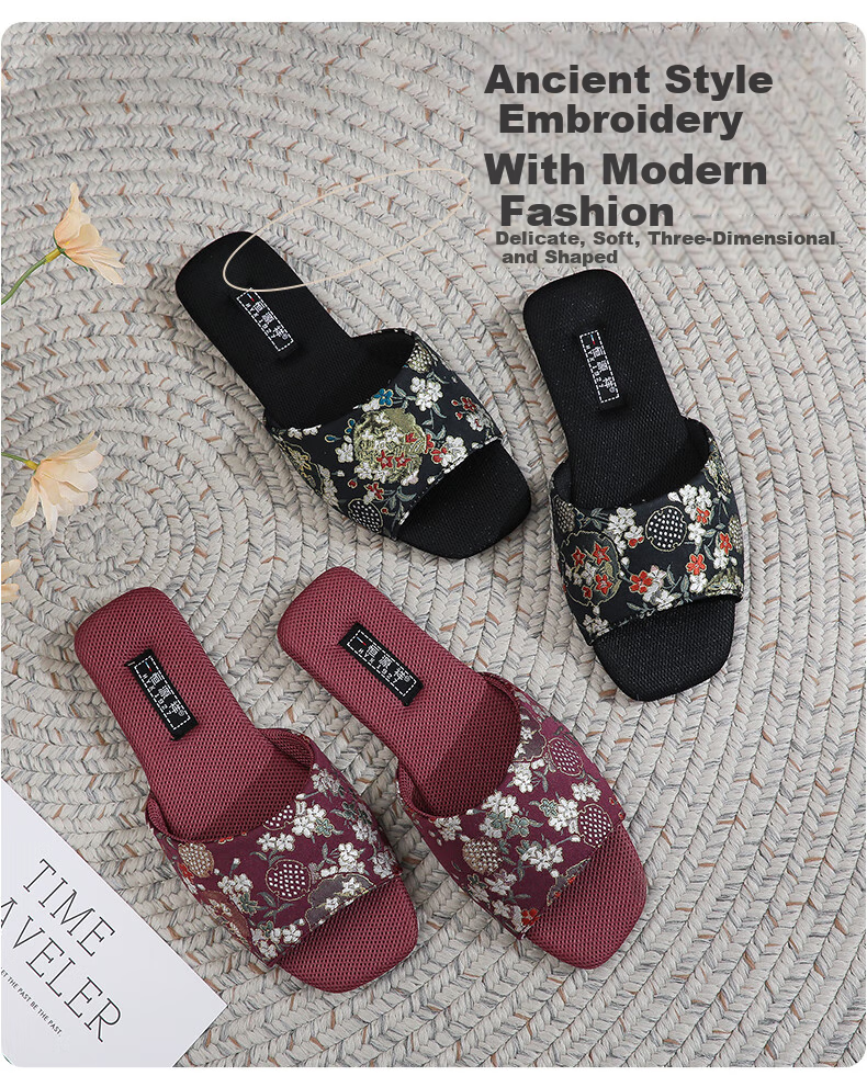 Hengyuanxiang Ethnic Style Slippers, Summer Embroidered Home Indoor Breathable Non-Slip Cowhide Sole Sandals for Women, Pink, Size 36-37 1