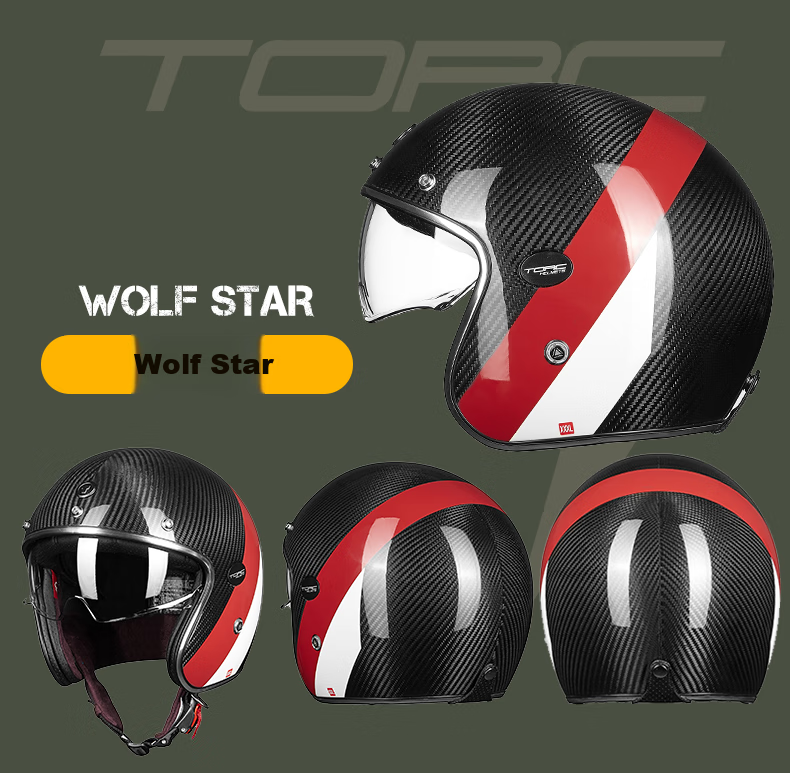 TORC Retro Helmet T587 Carbon Fiber 3/4 Helmet Motorcycle Helmet for Men And Women All Seasons Transparent Carbon Fiber XL 9