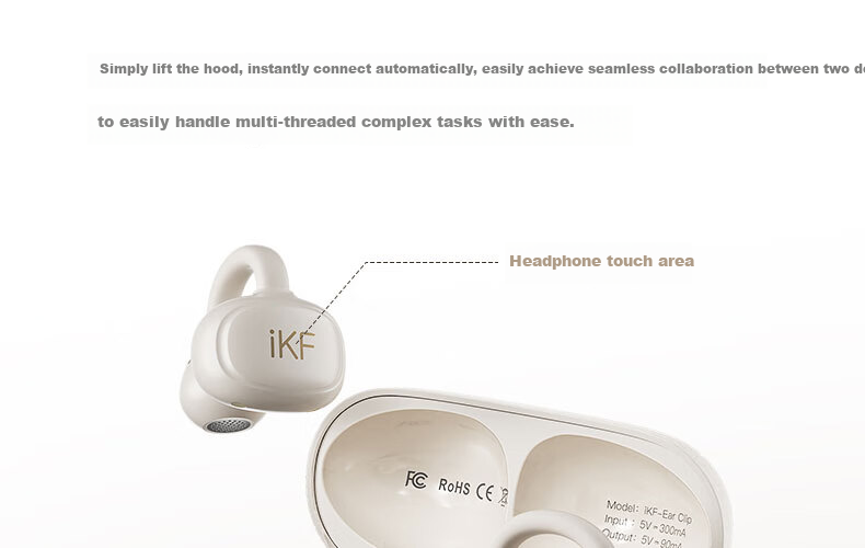 IKF EarClip Bluetooth Headphones, Clip-On True Wireless Open-Ear Headphones, Bone Conduction LDAC High-Resolution Music, Suitable for Students And Sports, Compatible with Apple And Huawei, Elegant Black 36