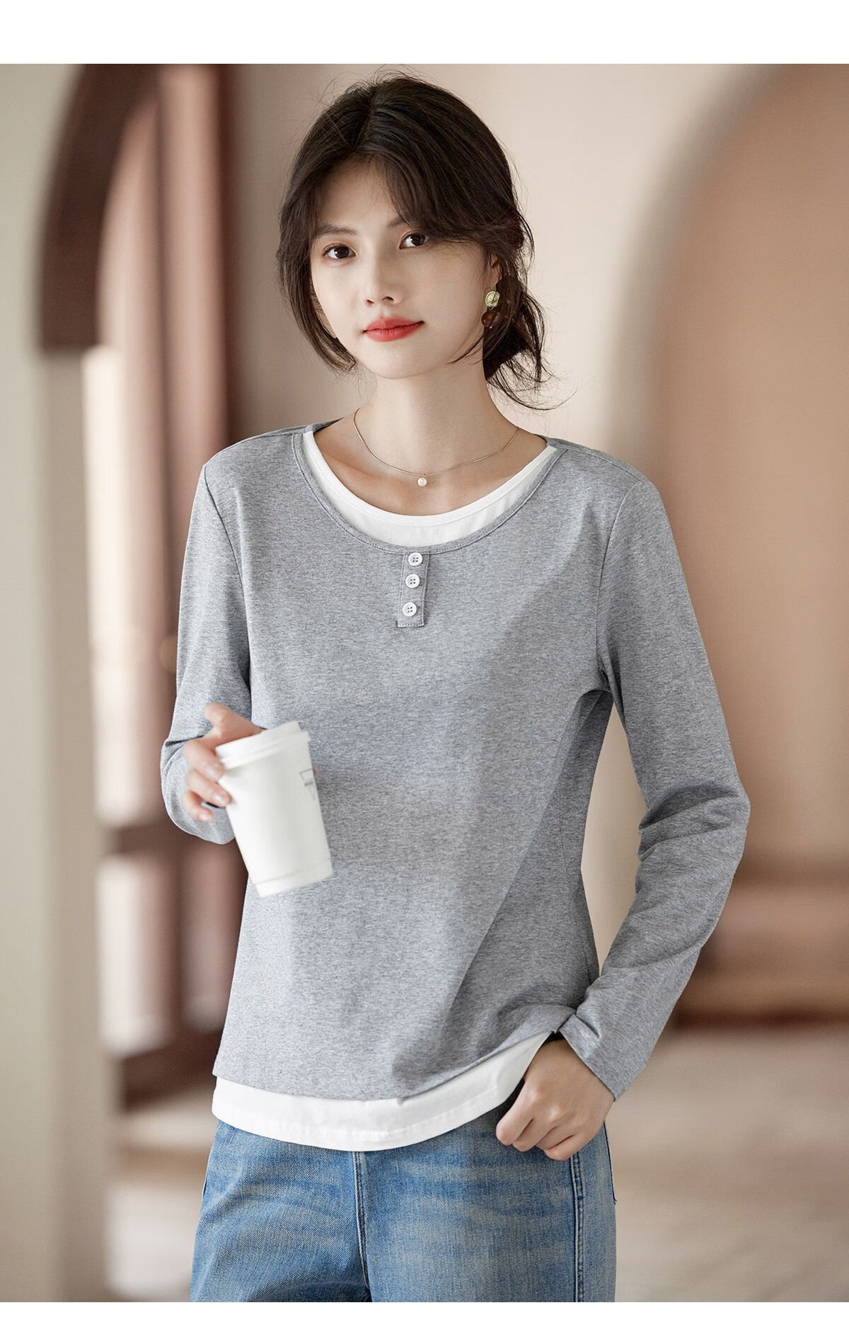 Taxiang Long-Sleeve T-Shirt for Women, Fashionable Faux Two-Piece Top, Round Neck, Versatile for Commuting, Slimming Base Layer, Women's T-Shirt T53T094 12