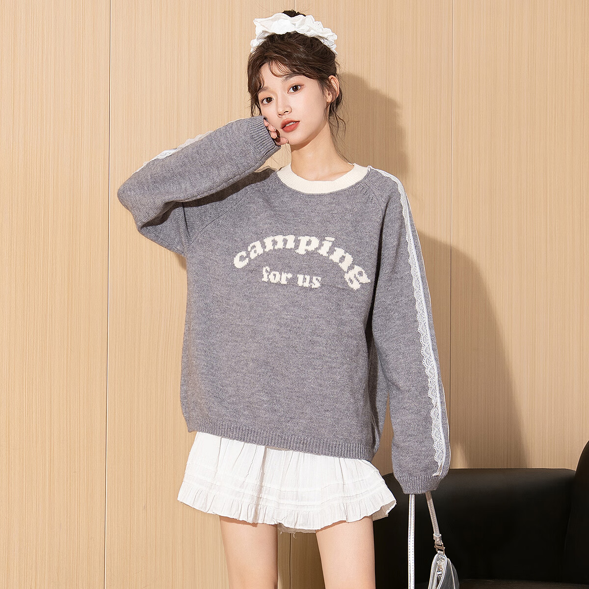 TonLion 2025 Autumn Winter Women's Crew Neck Color-Block Striped Front Text Knit Sweater