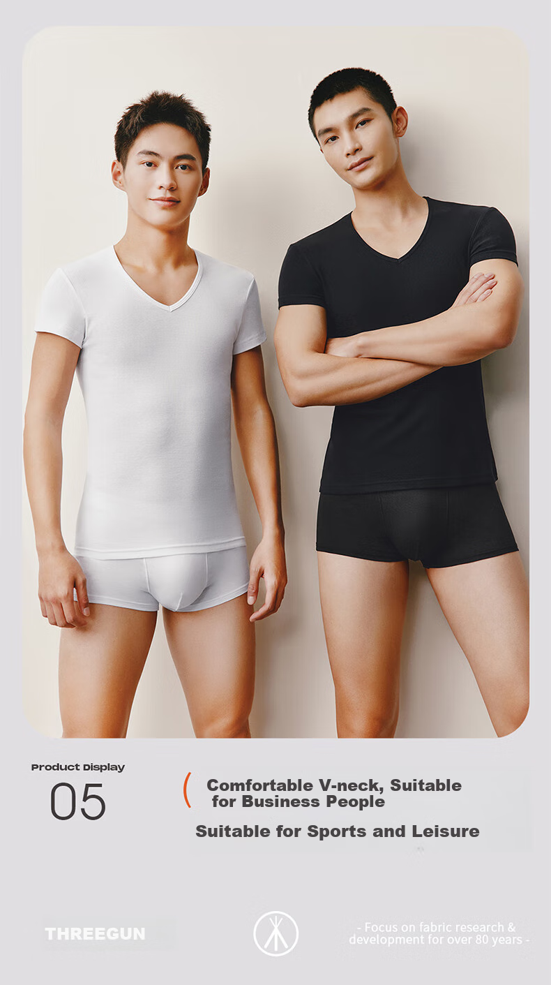 THREEGUN V-Neck T-Shirt for Men [7A Original Yarn Antibacterial], Pure Cotton Ribbed Elastic Versatile Short-Sleeve Basic Undershirt (2-Pack) 5