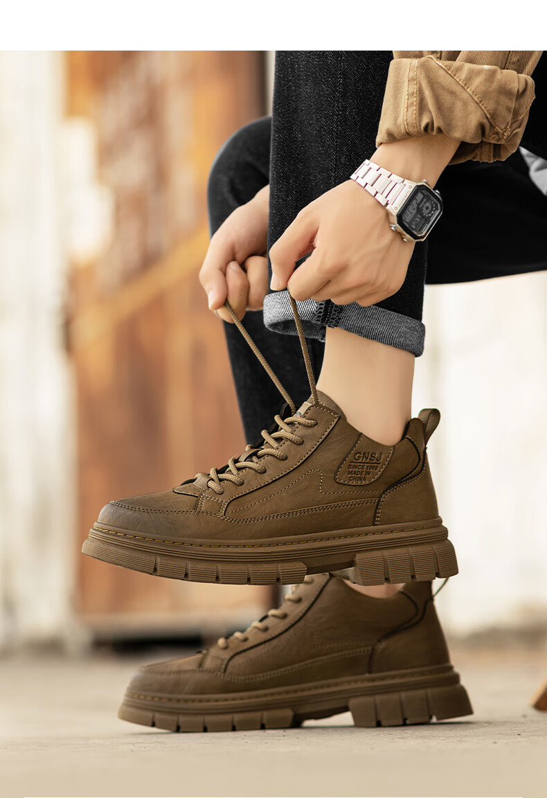 Bull Family Men's Autumn Winter New British Style Martin Boots Fashion Trendy Work Boots Thick Sole Wear-Resistant Motorcycle Boots 21