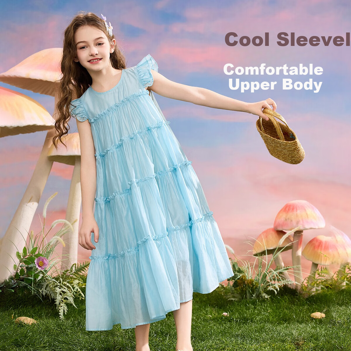 ASK JUNIOR Girls' Summer Dress, Lightweight Breathable Sleeveless Princess Dress with Flutter Sleeves, Children's Dress, Light Blue, Size 130 2