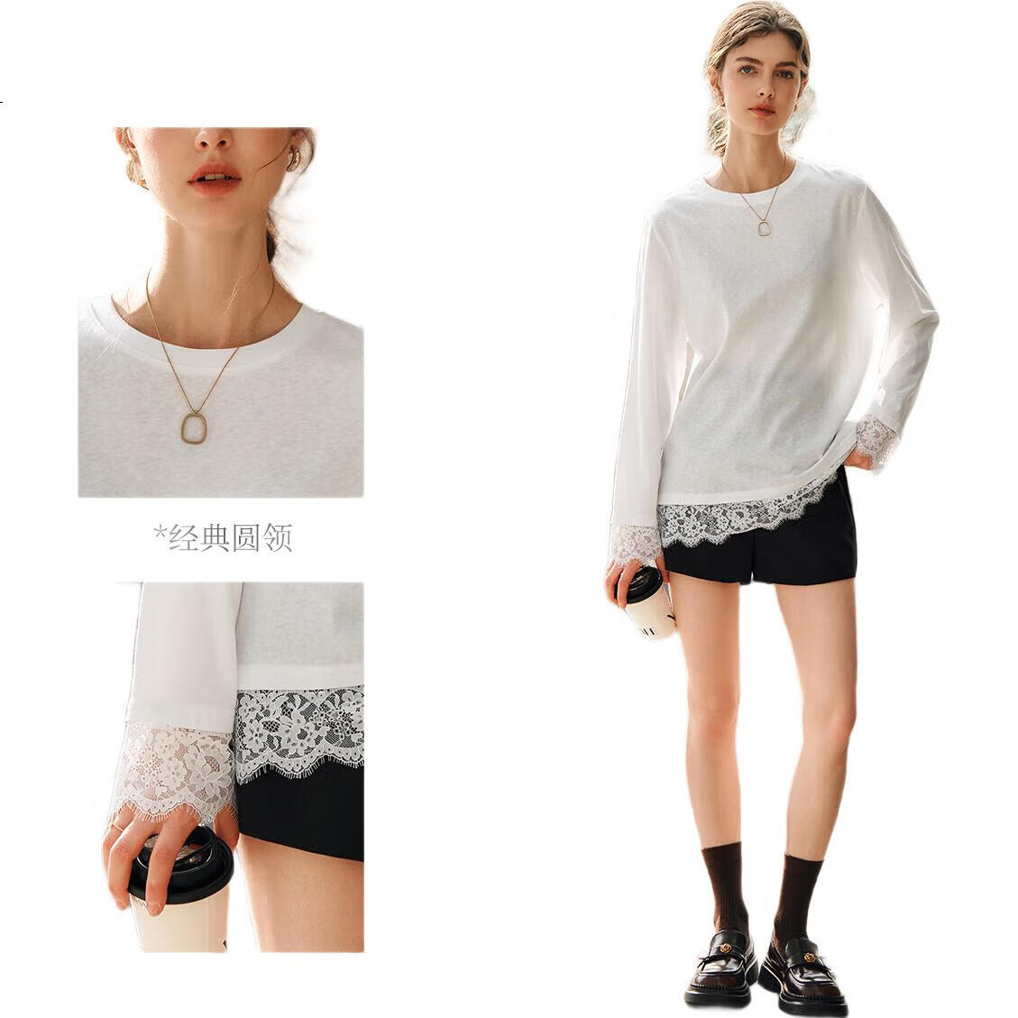 Oulain French-Style T-Shirt for Women, Spring 2025 New Design with Patchwork Lace Top, White, Size L