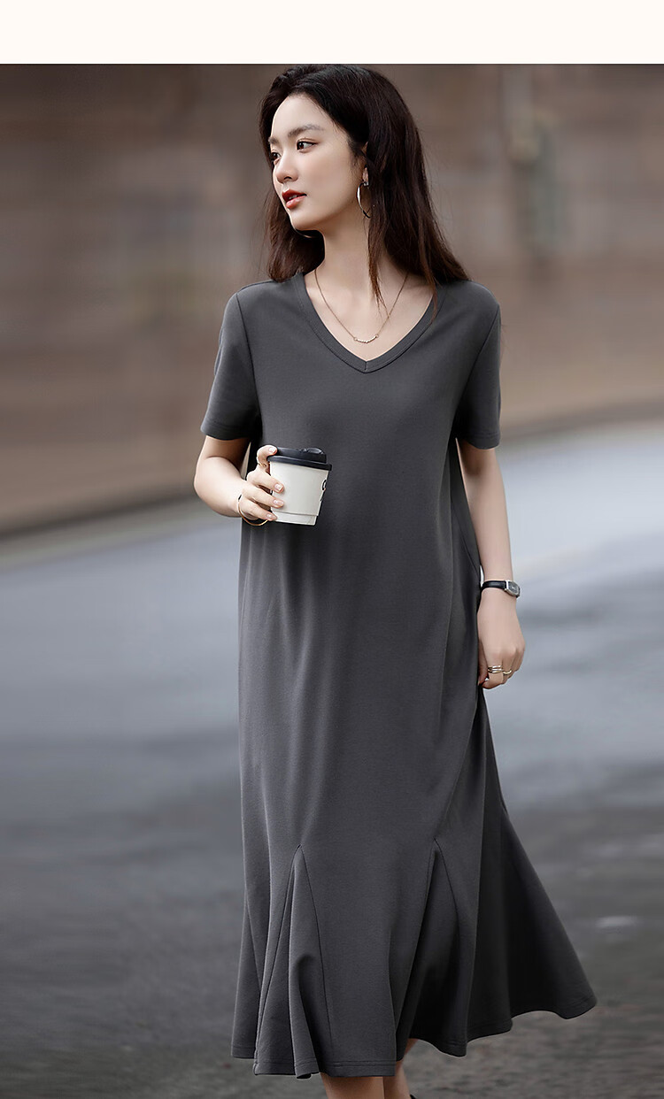 Demana Gentle Cloud Cotton Summer Relaxed V-Neck Loose Patchwork Hem Knitted Mid-Length Straight Women's Dress 14