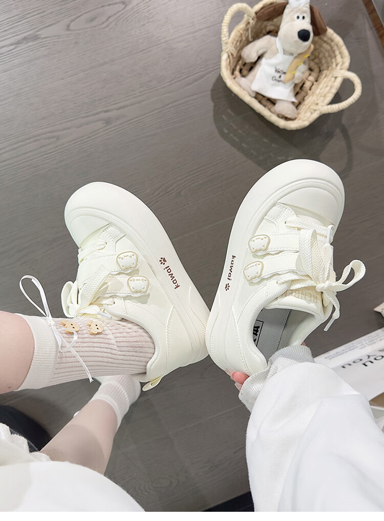 RENBEN Cute Velcro White Sneakers for Women, Popular Chunky Shoes, Versatile Canvas Shoes, White (Leather Surface), Size 40 37