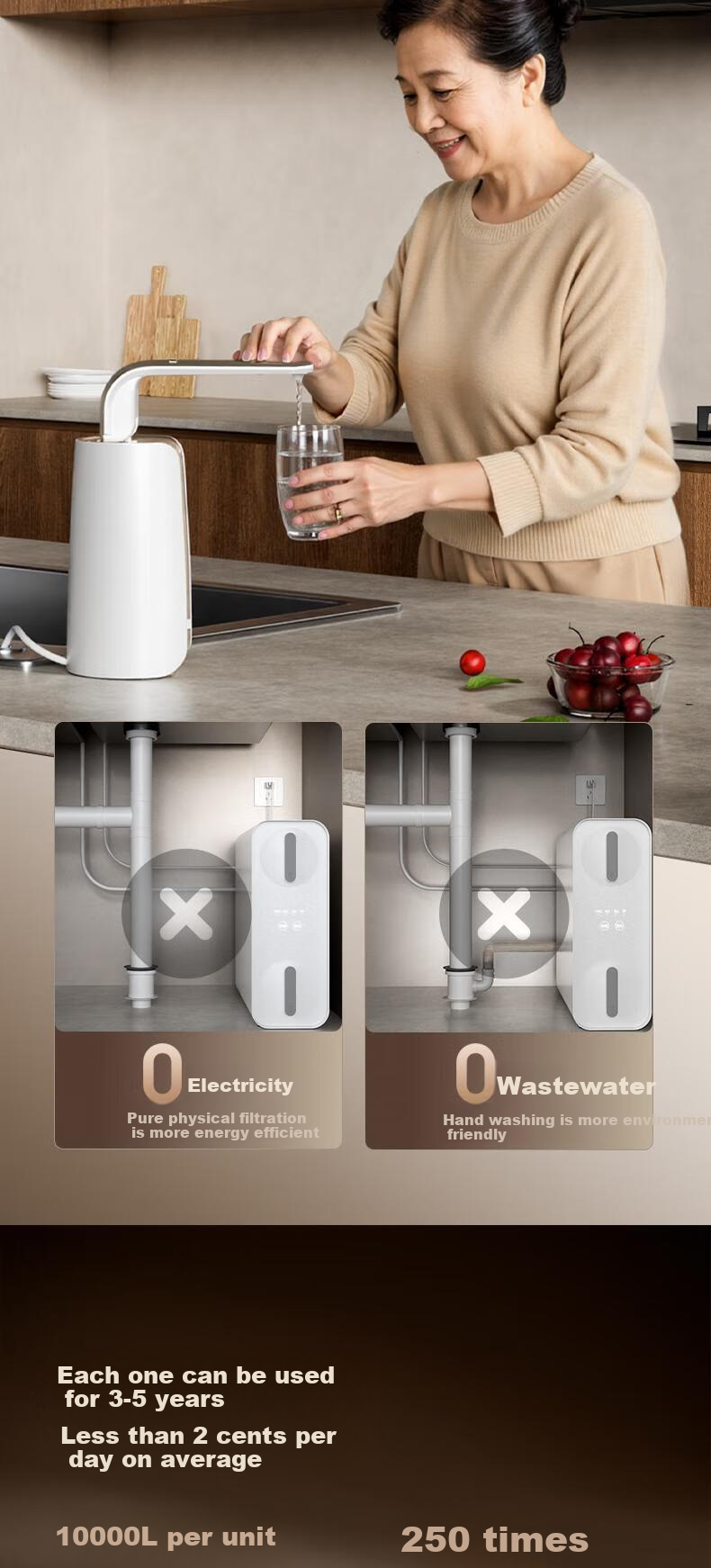 Yikaide Water Purifier Home Direct Drinking Water Machine High Flow Kitchen Water Purifier No Electricity Required Zero Wastewater Countertop Ceramic Diatomaceous Earth Filter Ultrafiltration Wastewater-Free Water Purification Machine C1 Pro 8