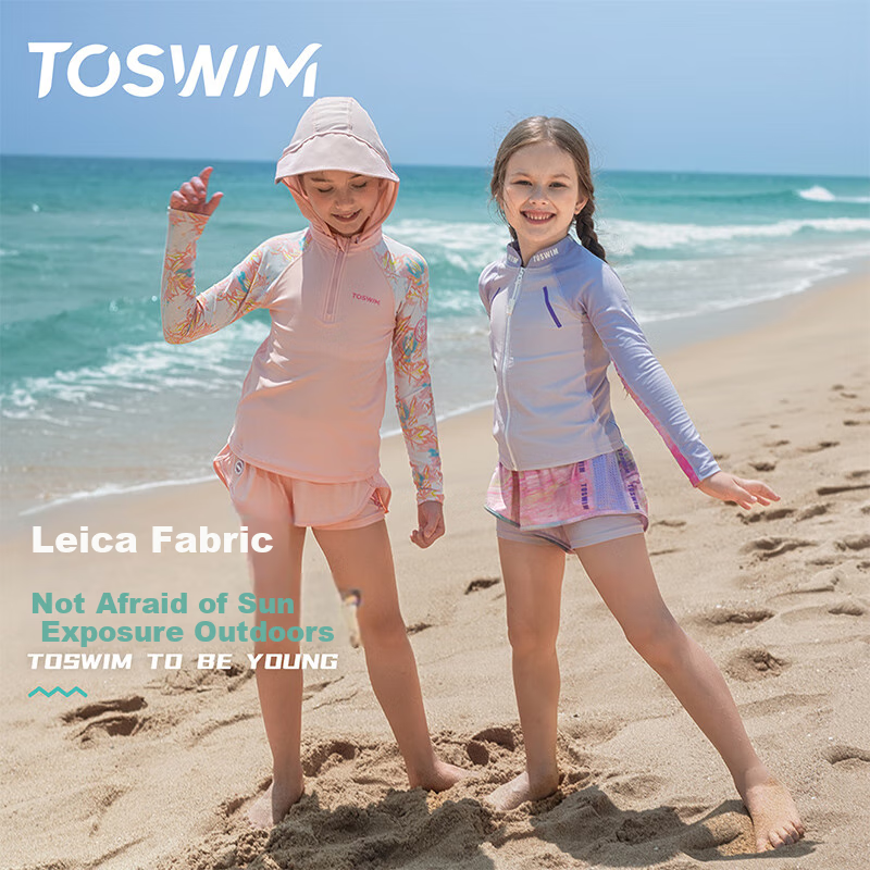 Детский купальный костюм TOSWIM, комплект из двух предметов, с длинным рукавом, быстросохнущий, защита от солнца, шорты до колен, фиолетовый сад, размер 130