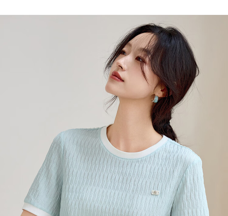 Sentubila Round Neck Short Sleeve Regular Shoulder T-Shirt for Women, Summer Contrasting Color Spliced Knit Top, Elegant Versatile High-End Blouse 7