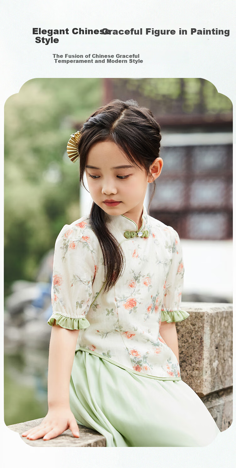 YEEHOO Children's Hanfu Girls' New Chinese-Style Blouse, Big Kids' Short-Sleeve Improved National Style Frog Button Top, Orange, Size 165 3