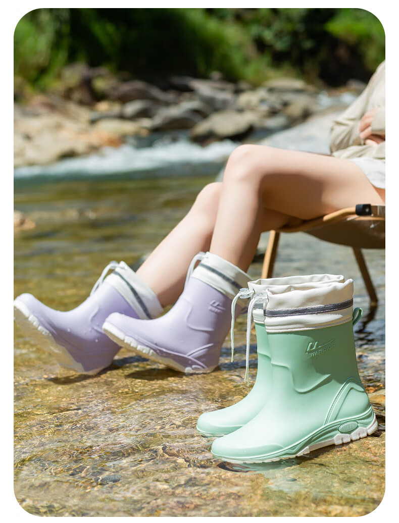 Warrior Women's Fashion Outdoor Rain Shoes Non-slip Waterproof Wear-resistant Rubber Rain Boots White Fleece-lined Cotton Covers Size S 6