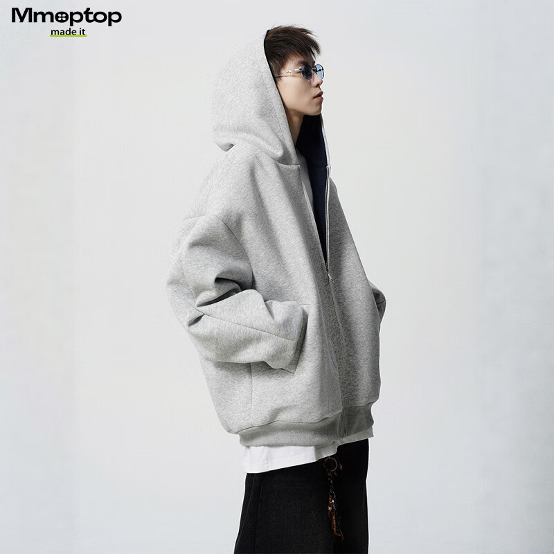 MMOPTOP Heavyweight Colorblock Cotton Hoodie Men Autumn Winter American Style Couple Casual Jacket MWY31 Light Gray L