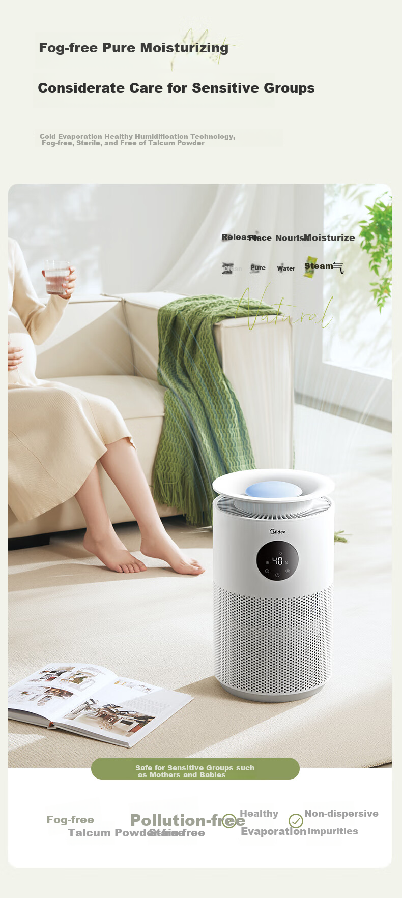 Midea [AI Smart Voice] Anti-Mist Air Humidifier with Antibacterial Function for Home Bedroom Floor-Standing Small Quiet Air Conditioner Heater Atomizer, Gift for Women SZY-W40S 7