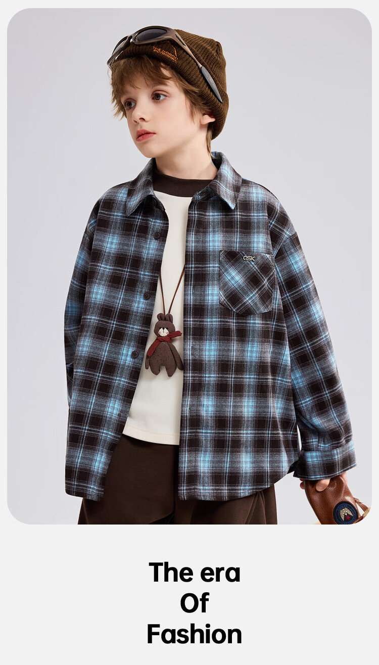 ASK JUNIOR Brushed Cotton Children's Shirt 2026 Spring Big Kids Plaid Contrast Collar Boys Jacket 8