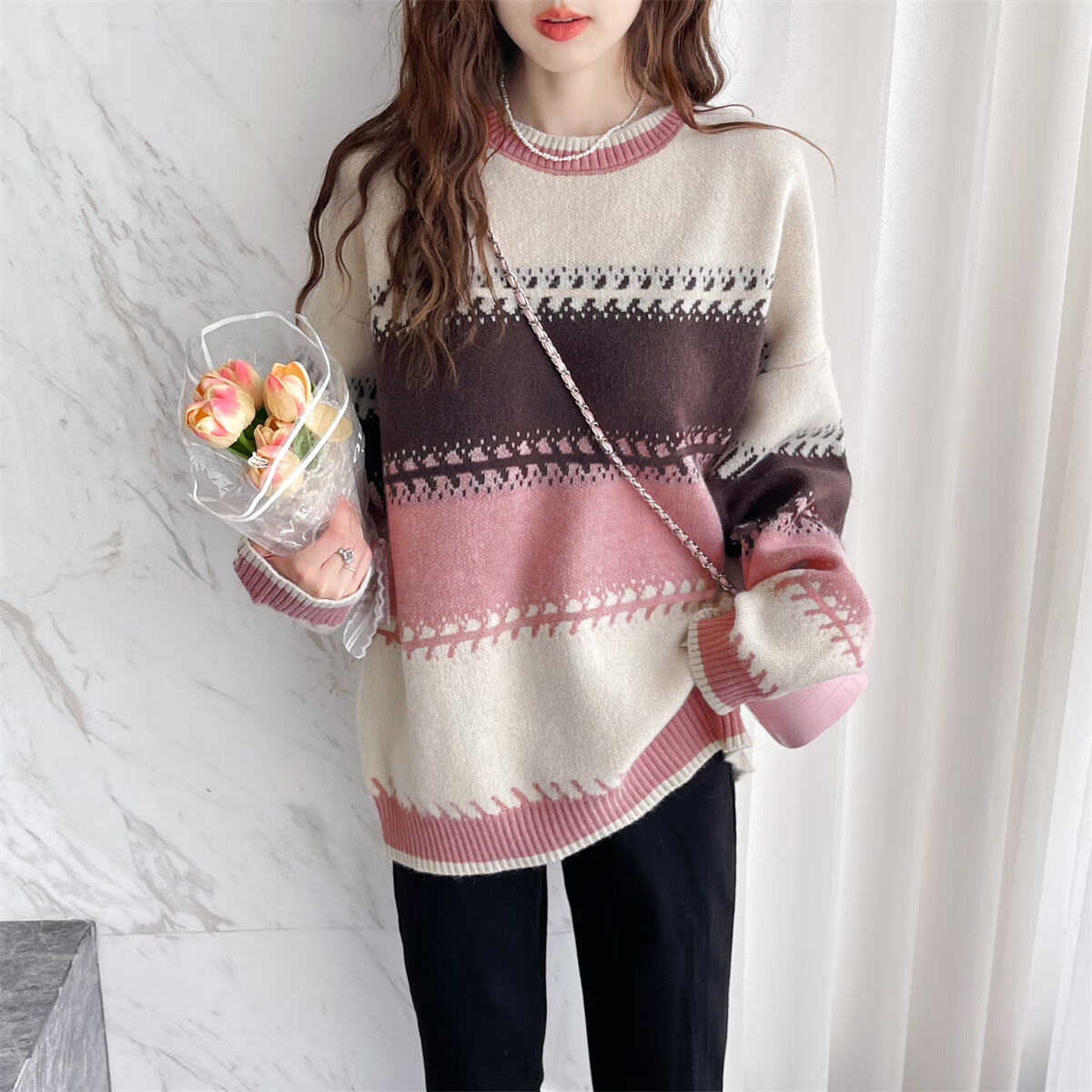 TonLion 2025 Autumn Women's Crew Neck Colorblock Wide Stripe Pullover Sweater Youthful Versatile Korean Casual Fashion