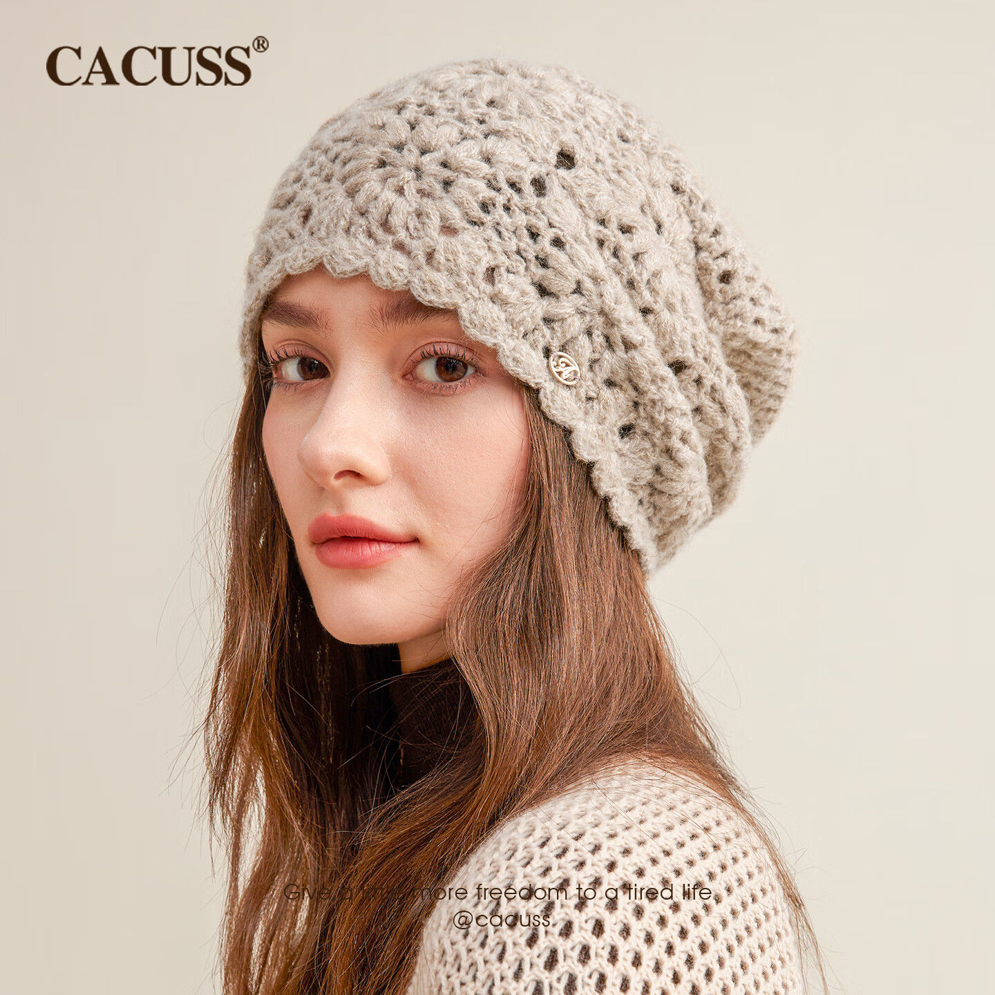 CACUSS Women's Autumn Winter Knitted Beanie Hand-Crocheted Hollow Knit Slouchy Hat Elegant Camel