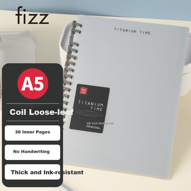 Fizz Stationery A5/30 Sheets/detachable Spiral-Bound PP Cover Notebook, Journal, Planner, Diary, Study Notebook, Gray-Silver FZ33727