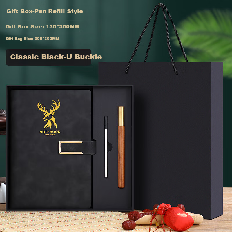 Faramon A5 Notebook, Business Gift Box Set, Thickened for Work Meetings And Office Notes, USB Drive Gift Set, Customizable for Businesses, A5 Black - U-Shaped Buckle (Pen + Refill Gift Box)