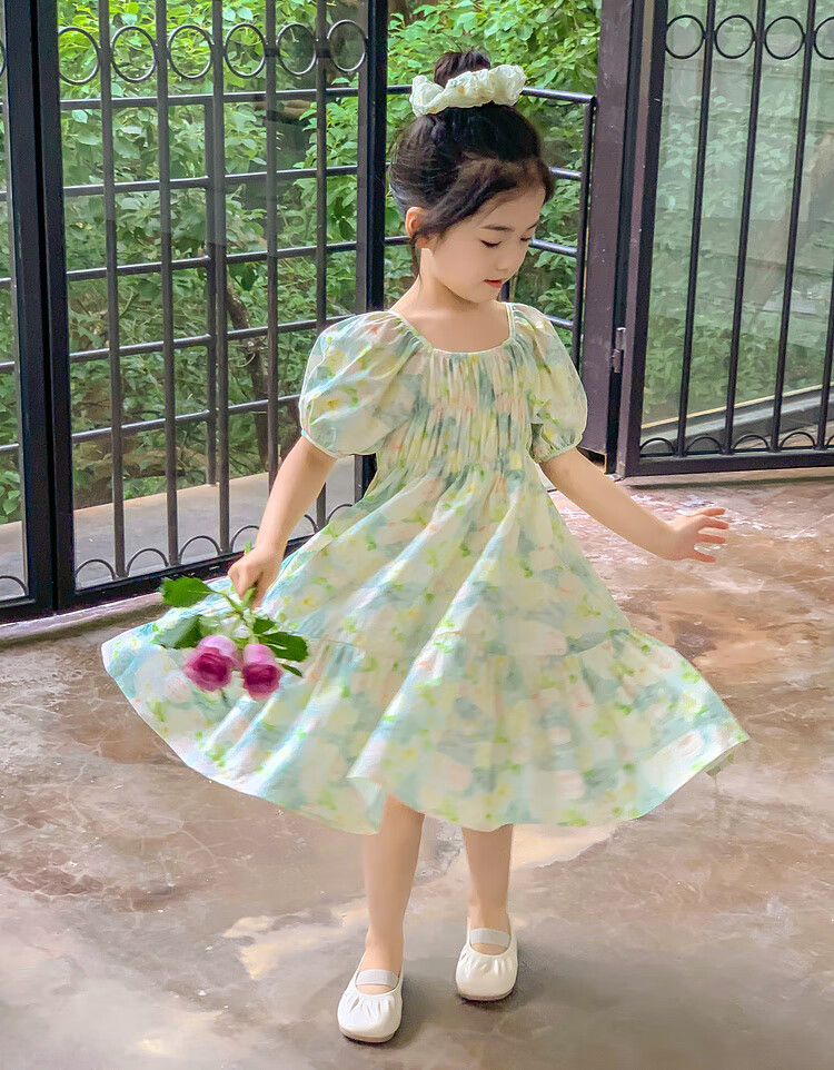 Tutuxiaoxiang Girls' Dress, 100% Cotton, Children's Puff Sleeve Floral Princess Dress, Green, Size 110, Height Approximately 110cm 7